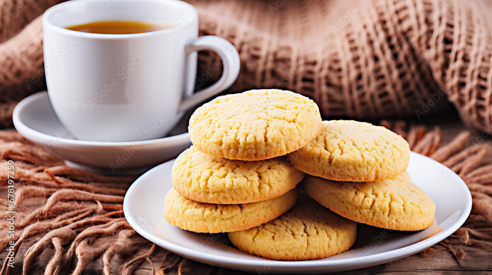 cup of coffee and lemon cookies on the table created with Generative AI technology cup of coffee and lemon cookies on the table created with Generative AI technology