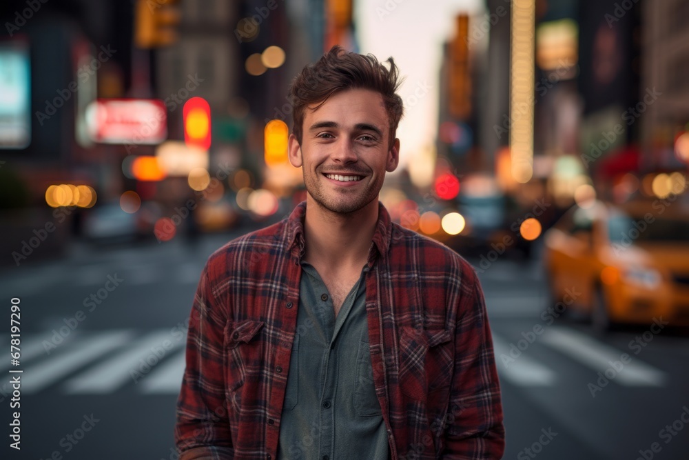Portrait of a glad man in his 20s wearing a comfy flannel shirt against a bustling city street background. AI Generation Portrait of a glad man in his 20s wearing a comfy flannel shirt against a bustling city street background. AI Generation