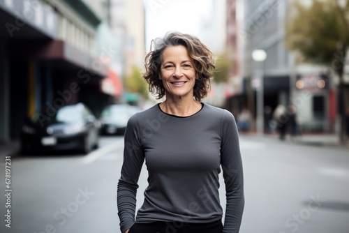 Portrait of a satisfied woman in her 50s sporting a long-sleeved thermal undershirt against a bustling city street background. AI Generation