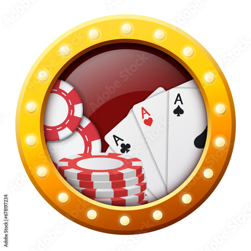 Casino concept. Casino element in gold frame with light bulbs. Vector clipart.