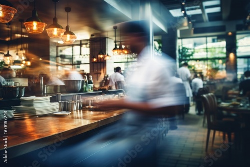 Blurred coffee shop or cafe restaurant, Blurred restaurant background with some people and chefs and waiters working © JK2507