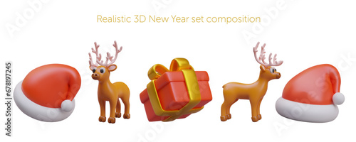 Realistic 3d new year set composition. Collection with red hat, deer and gift box in different positions. Happy new year and Christmas. Vector illustration in 3d style