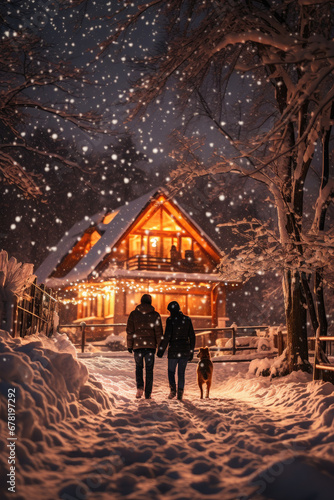 A family walks along a beautiful snowy street on Christmas night. Happy New Year and Merry Christmas