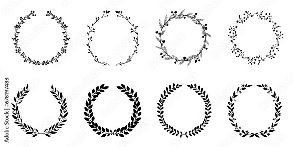 Wreaths collection. Floral frames with flowers, branch and leaves. Elegant frames chaplet for invitation or wedding decor. Christmas Wreath. Vector illustration