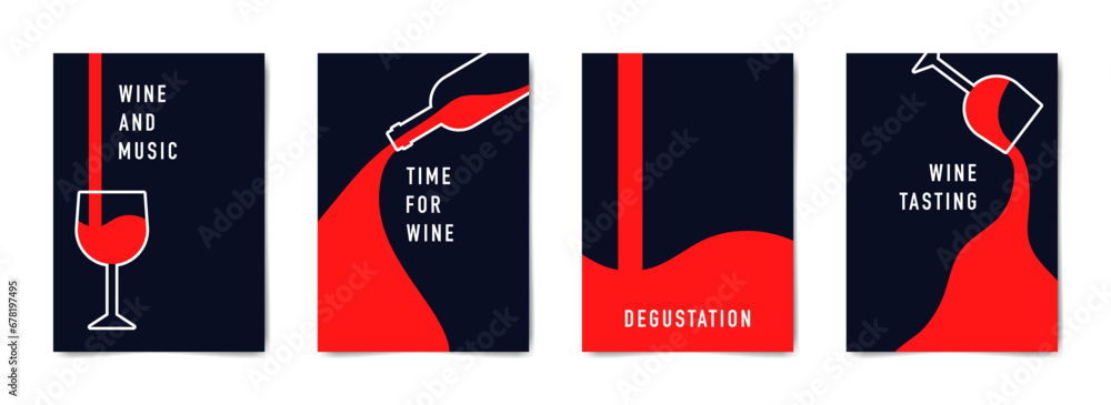 Wine tasting. Set of minimalist poster designs in red, white and blue colors. Vector illustration of a wine bottle and glasses. - obrazy, fototapety, plakaty 
