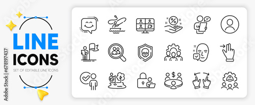 Headshot, Team work and Move gesture line icons set for app include Face accepted, Video conference, Touchscreen gesture outline thin icon. Loan percent, Smile chat, Meeting pictogram icon. Vector