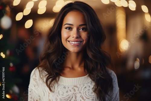 Happy woman on the background of the Christmas room. Happy New Year and Merry Christmas!