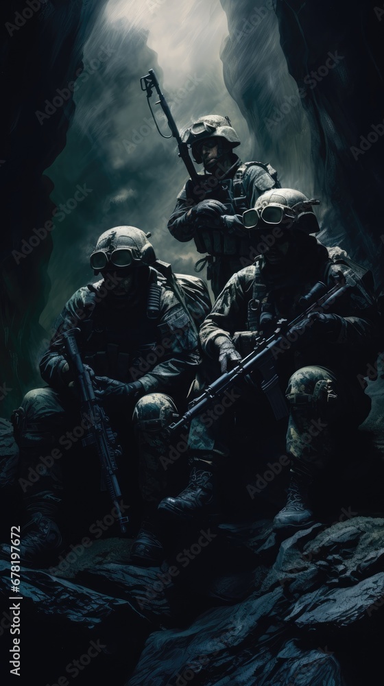 group soldiers exploring unknown places. group soldiers exploring unknown places.