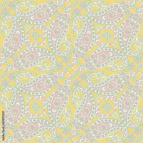 Turkish Cucumber Paisley. Seamless vector pattern in traditional oriental style with flowers, leaves and fantasy elements. Fabric and wallpaper cover