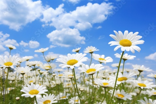 flowers daisies in summer spring meadow against blue sky