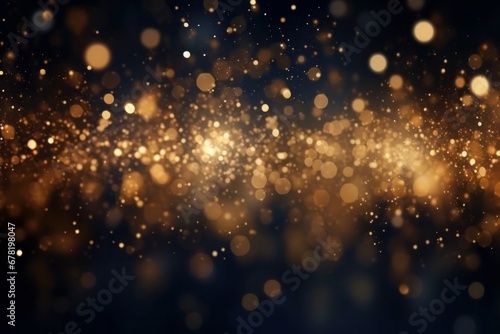 Abstract luxury gold background with gold particles. glitter vintage lights background. Christmas Golden light shine particles bokeh on dark background. Gold foil texture. Holiday.
