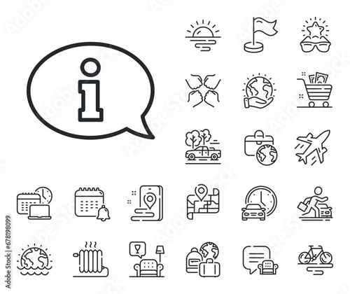 Info center sign. Plane jet, travel map and baggage claim outline icons. Information line icon. Support speech bubble symbol. Information line sign. Car rental, taxi transport icon. Vector