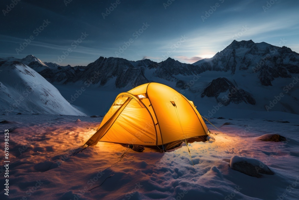 illuminated camping yellow tent on mountain at night