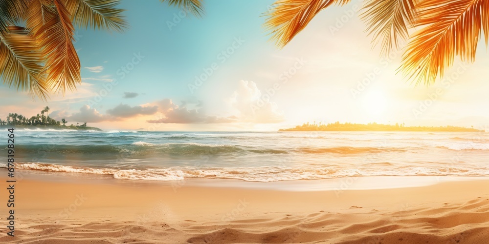 Blissful Horizon  Serene Sands   Palm Leaves, Generative AI