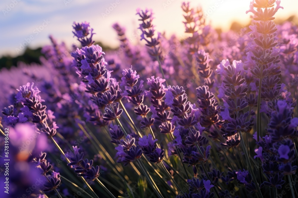 Naklejka premium Capturing Lavender Essence: Fields at Sunset Unveil their Scented Beauty - Ai Generative