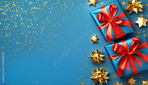 Prezenty i ozdoby świąteczne na niebieskim tle. Bożonarodzeniowe tło z miejscem na tekst