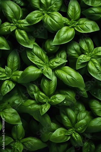 Overhead view full frame close up view of basil plants.