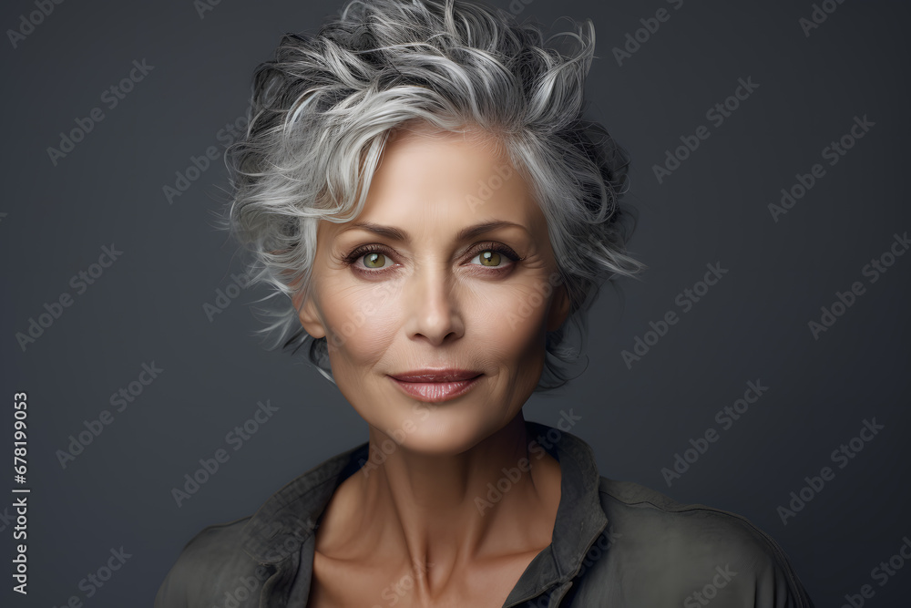 Beautiful mature woman with gray hair isolated on gray background