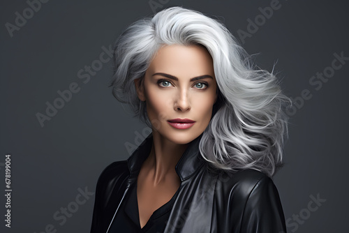 Beautiful mature woman with gray hair isolated on gray background