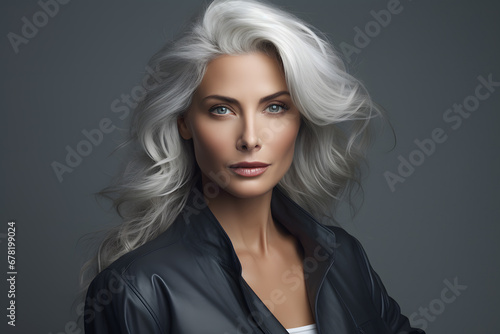Beautiful mature woman with gray hair isolated on gray background