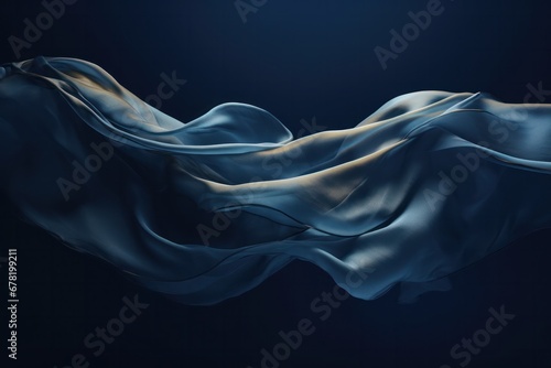 navy blue fabric blowing in the wind on black background