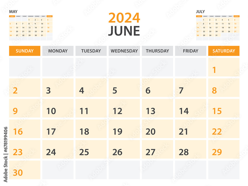 Calendar 2024 template- June 2024 year, monthly planner, Desk Calendar 2024 template, Wall calendar design, Week Start On Sunday, Stationery, printing, office organizer vector, orange background Calendar 2024 template- June 2024 year, monthly planner, Desk Calendar 2024 template, Wall calendar design, Week Start On Sunday, Stationery, printing, office organizer vector, orange background