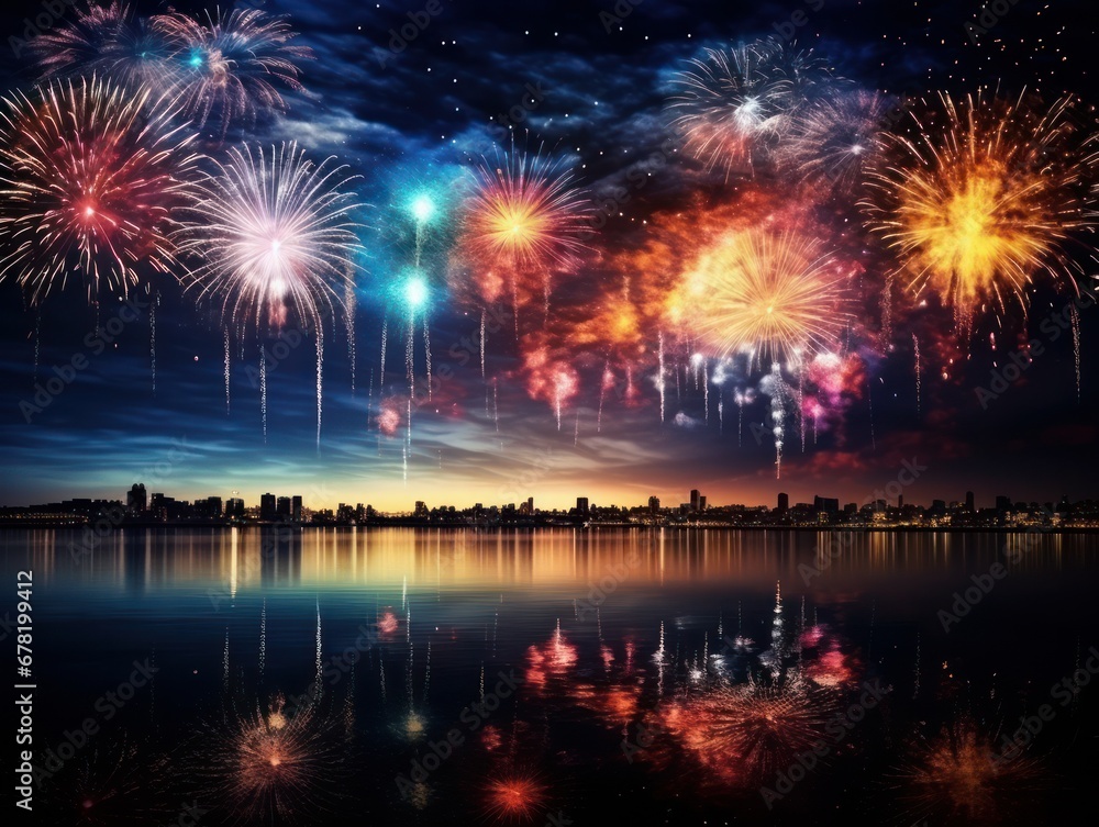 Colorful new years fireworks over water. Colorful fireworks explode. Red, blue, white fireworks above water with reflection on the black sky background