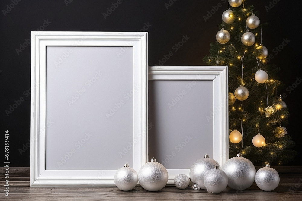 Mock up blank frame with Christmas tree and decoration. Mock up blank frame with Christmas tree and decoration.