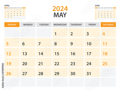 Calendar 2024 template- June 2024 year, monthly planner, Desk Calendar 2024 template, Wall calendar design, Week Start On Sunday, Stationery, printing, office organizer vector, orange background