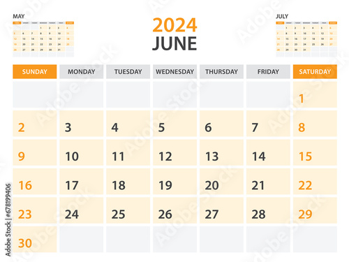 Calendar 2024 template- June 2024 year, monthly planner, Desk Calendar 2024 template, Wall calendar design, Week Start On Sunday, Stationery, printing, office organizer vector, orange background