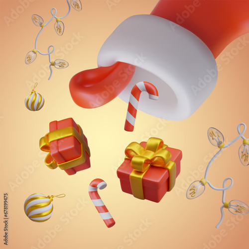 Concept of winter promotion, sale. Gifts, sweets, garlands, Christmas balls pour out of giant red stocking. Vector 3D composition on colored background, poster for store, service