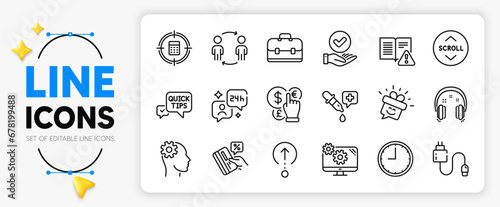 Headphones, Settings and Money currency line icons set for app include Portfolio, Approved checkbox, Consulting outline thin icon. Engineering, Scroll down, Credit card pictogram icon. Vector