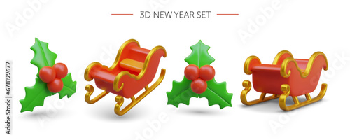 New Year set on white background. Holly berries with green leaves, Santa red sleigh with golden decorative elements. Realistic objects from different angles. Winter illustrations