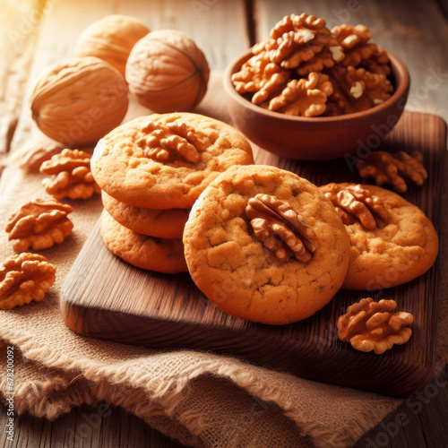 Cookies with walnuts on wooden table, healthy food concept. ai generative
