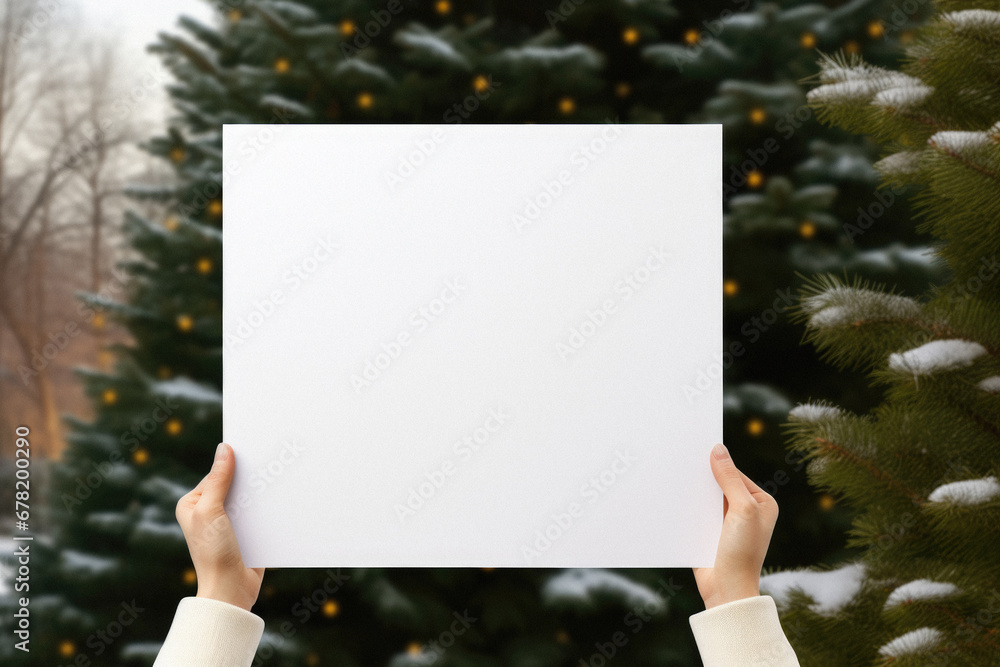 Hands holding blank paper sheet in front of a christmas tree. Hands holding blank paper sheet in front of a christmas tree.