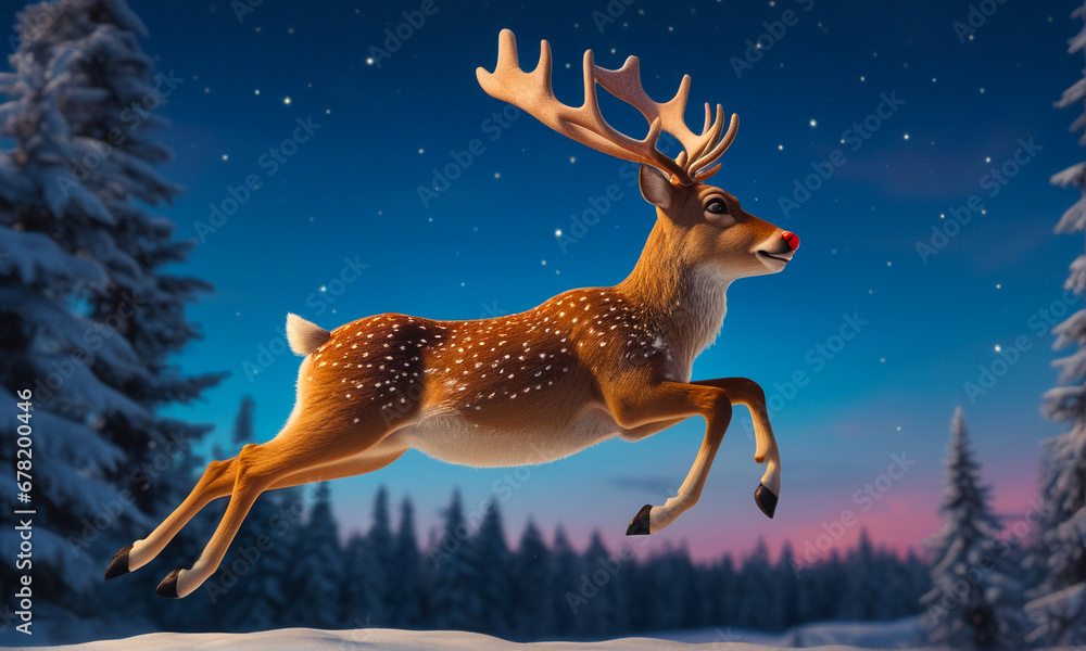 A handsome deer with a red nose runs through the forest under a beautiful night sky, Generative Ai