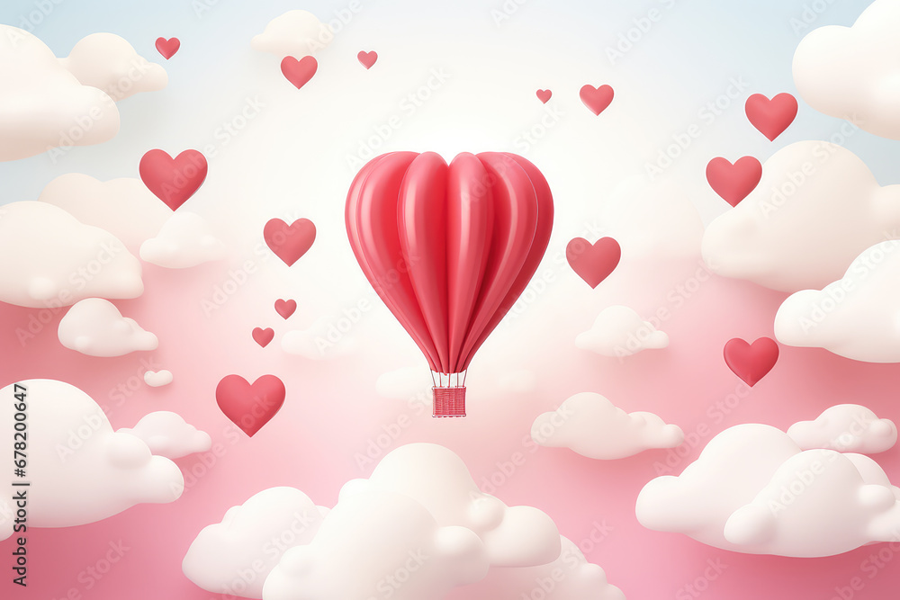 Skyward celebration with 3D illustration of heart-shaped balloons in a minimalist paper cut style. Perfect for conveying a love story, creative concept adds a touch of contemporary art to your design.