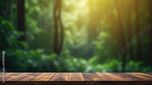 wooden table and green background, Empty wood table top with on blurred dark green forest. Wooden product mockup.