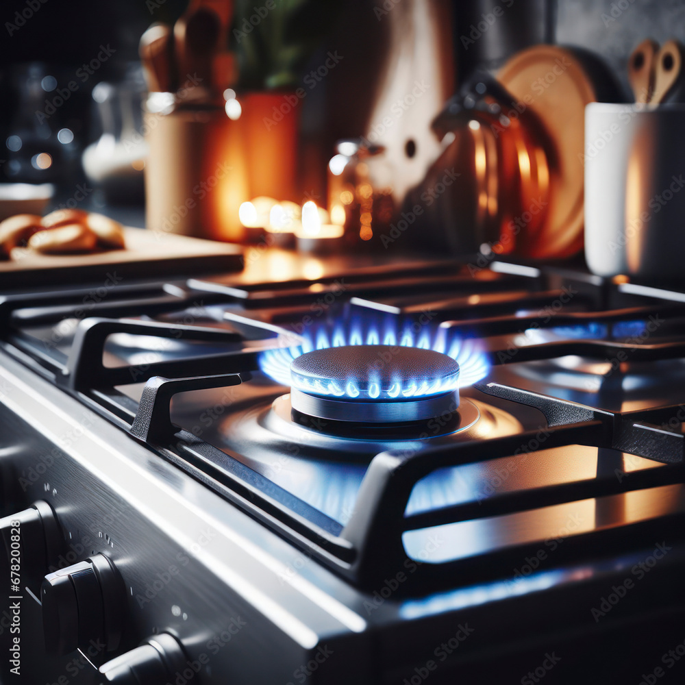 Detail view on gas cooker with blue flame on while cooking in the kitchen interior. ai generative