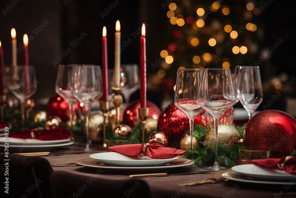 An enchanting Christmas dinner setup with a lavishly decorated festive dining table An enchanting Christmas dinner setup with a lavishly decorated festive dining table