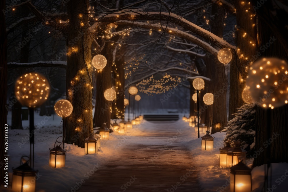 A Tranquil Winter Wonderland: Snow-Covered Path Guided by the Warm Glow of Lanterns A Tranquil Winter Wonderland: Snow-Covered Path Guided by the Warm Glow of Lanterns