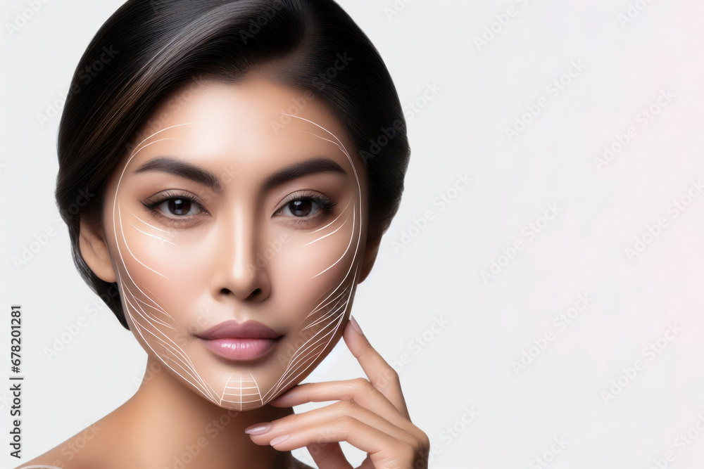 Asian woman portrait with graphic lines showing facial lifting effect on skin. ai generative - obrazy, fototapety, plakaty 