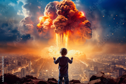 A small child against the background of an explosion and fire. Raised his hands in an attempt to stop the war. A child looks at the fire and destruction of his city. The boy wants to stop the war.