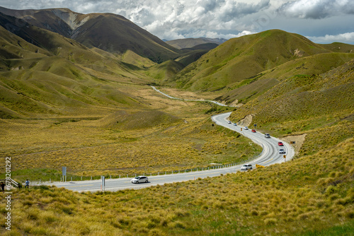 Road through the picturesque Lindis Pass in New Zealand