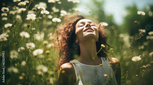 Young beautiful woman with long wavy hair feeling calm and relieved in nature, breathing the fresh air photo