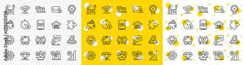 Outline Last minute, Secure mail and Auction line icons pack for web with Diamond, Factory, Online survey line icon. Digital wallet, Social media, 5g wifi pictogram icon. Partnership. Vector