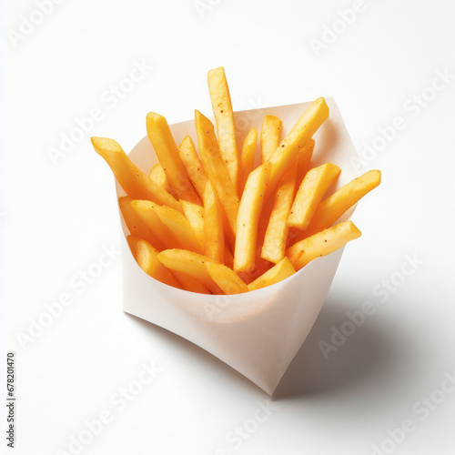 French fries in a white paper wrapper isolated on a white background. ai generative