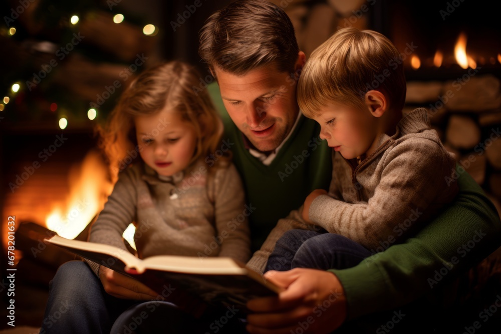 Cherished Family Tradition: Dad Sharing Beloved Christmas Tales with His Enthralled Kids by the Fireside Cherished Family Tradition: Dad Sharing Beloved Christmas Tales with His Enthralled Kids by the Fireside