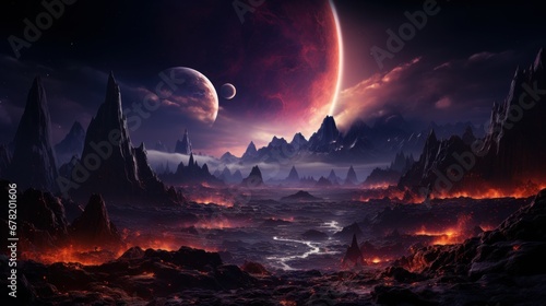 Cosmic vista of a forsaken planet with rugged mountains in the distance. AI generate © PandaStockArt