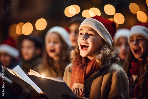 A Joyous Celebration of Christmas with Carolers Singing Harmoniously in a Snow-Covered Street